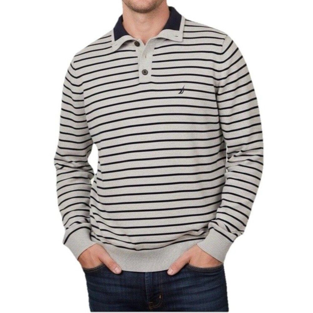 Nautica Sweater Men Medium Gray Blue Striped Cotton Knit Pullover Crewneck